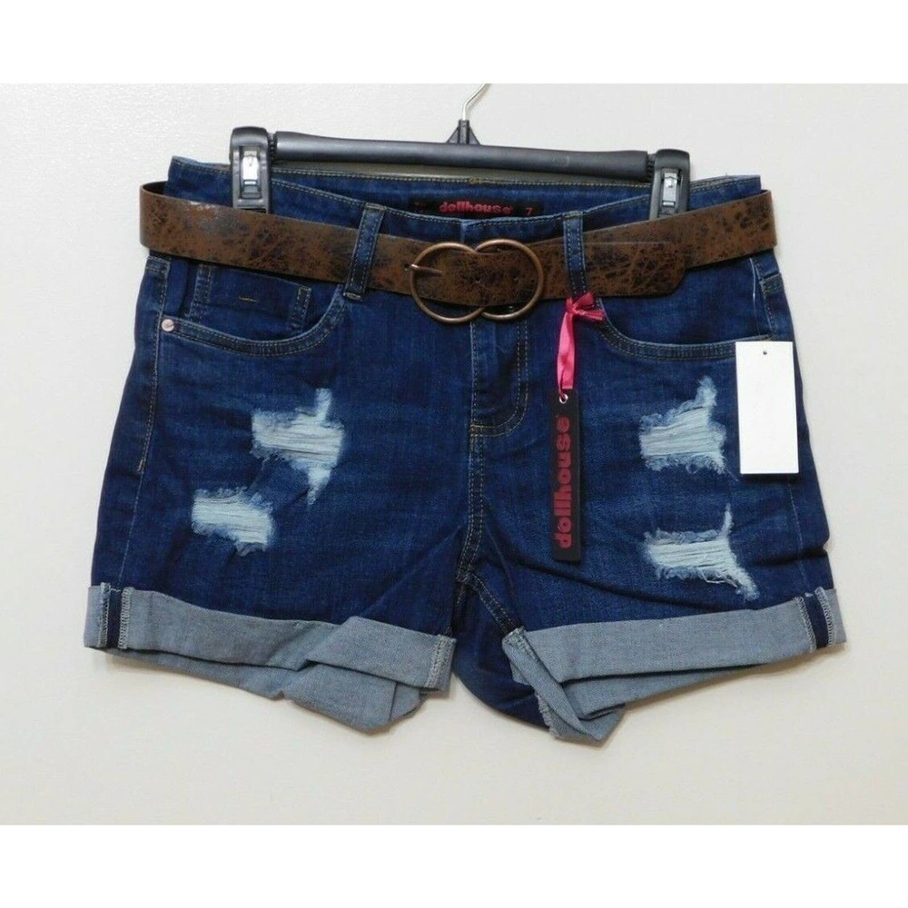 JR1 Dollhouse Blue Juniors' Distressed Belted Cuffed Denim Shorts - Size 5